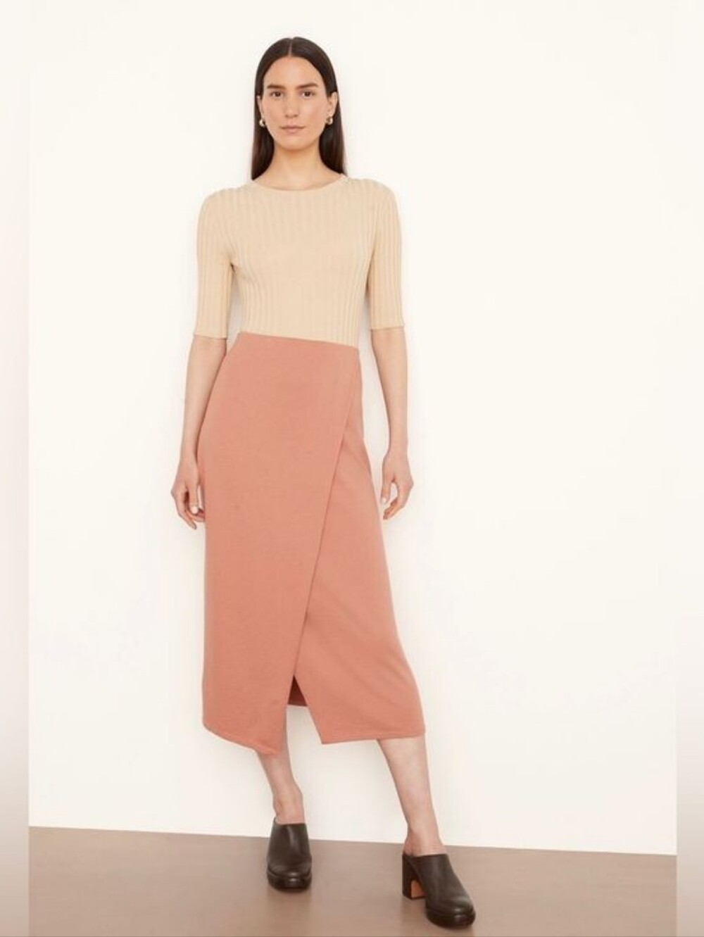 Vince Faux Wrap Midi Skirt Salmon Tan Sz M Stretch Knit Minimalist Asymmetrical